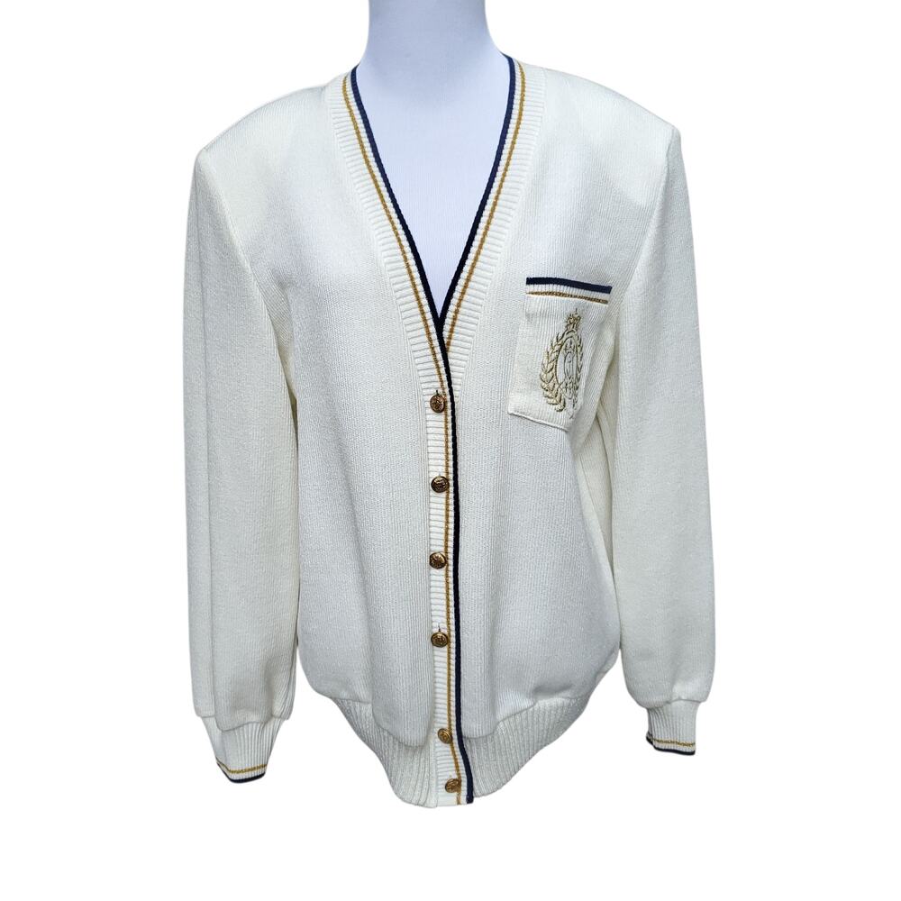 Vintage Nilani Grandpa Cardigan Sweater Cream Gold Crested Buttons Sz L